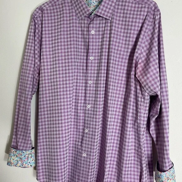 Bugatchi Dress Shirt Men’s Size L Purple Check Flip Turn Contrast Cuff - Picture 5 of 12